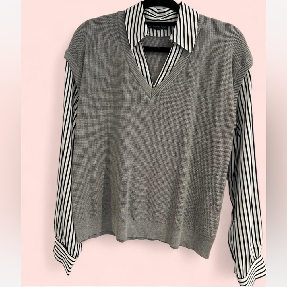 Adrianna Papell Gray and Black Striped Blouse and Sweater Combo